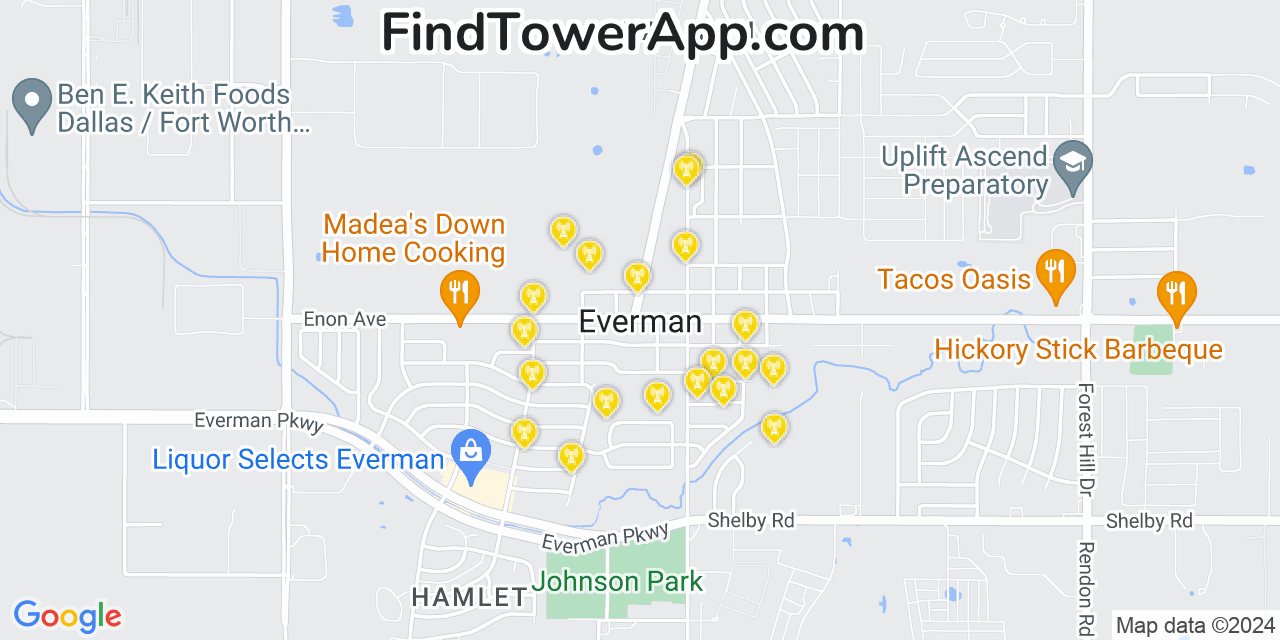 AT&T 4G/5G cell tower coverage map Everman, Texas