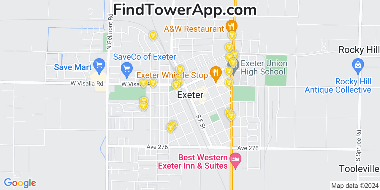 AT&T 4G/5G cell tower coverage map Exeter, California