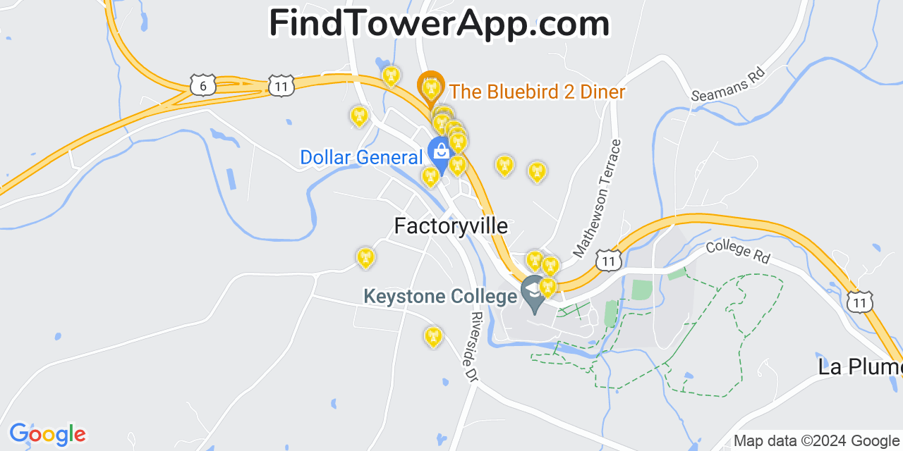 AT&T 4G/5G cell tower coverage map Factoryville, Pennsylvania