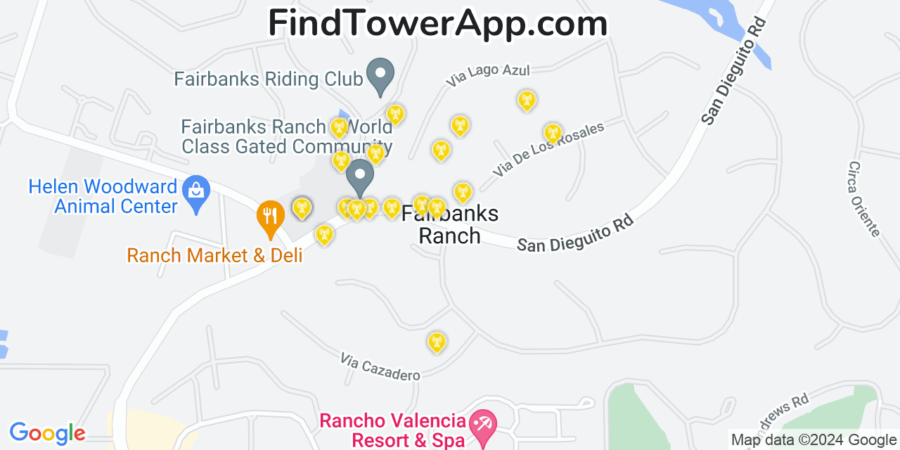 AT&T 4G/5G cell tower coverage map Fairbanks Ranch, California