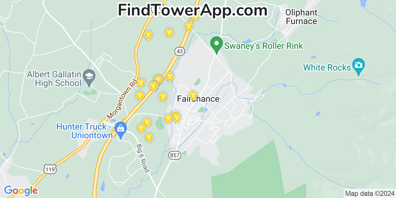Verizon 4G/5G cell tower coverage map Fairchance, Pennsylvania