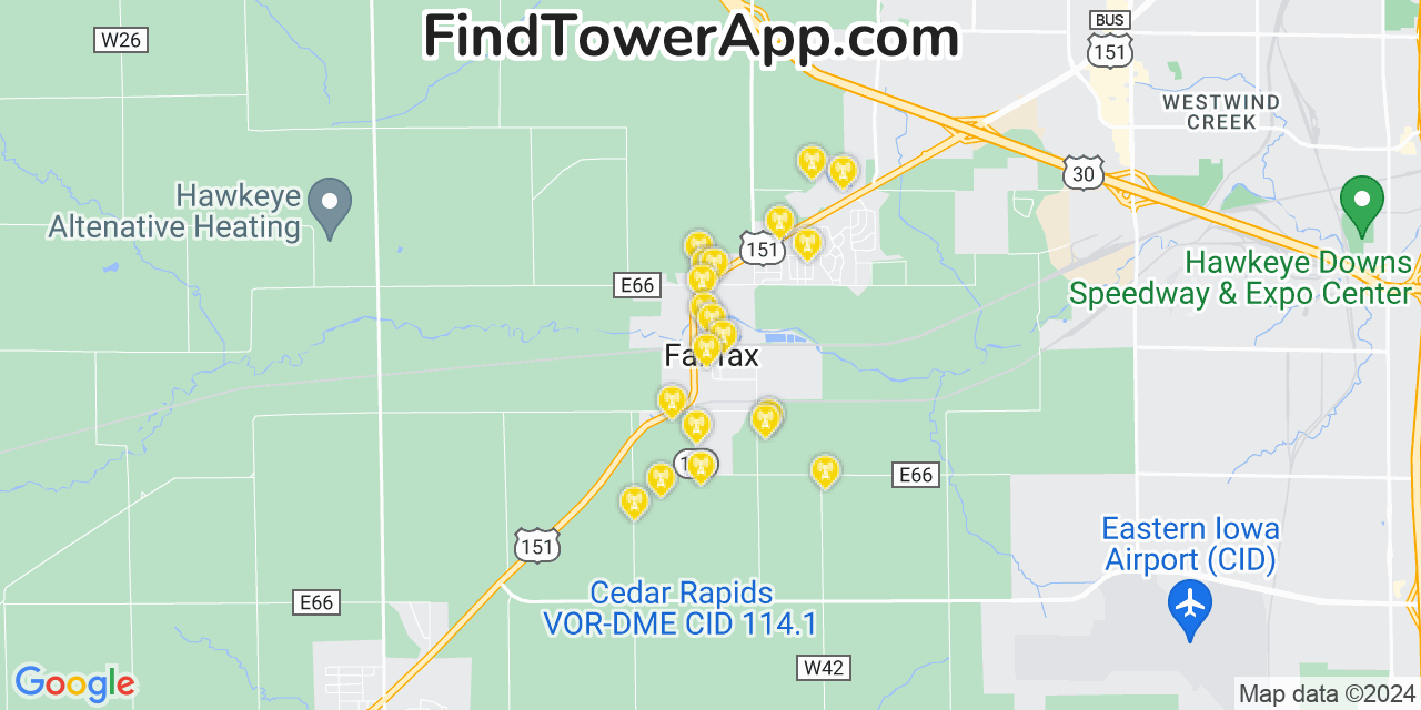 AT&T 4G/5G cell tower coverage map Fairfax, Iowa