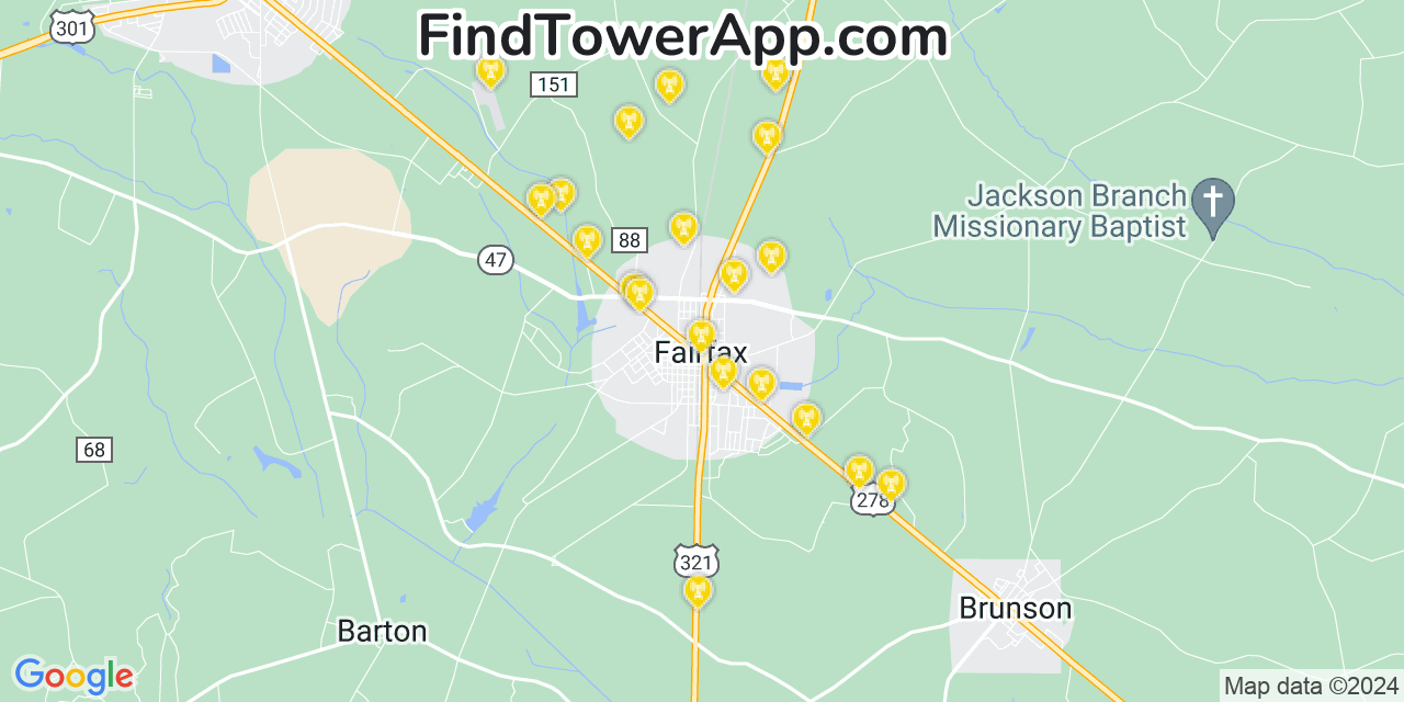 AT&T 4G/5G cell tower coverage map Fairfax, South Carolina