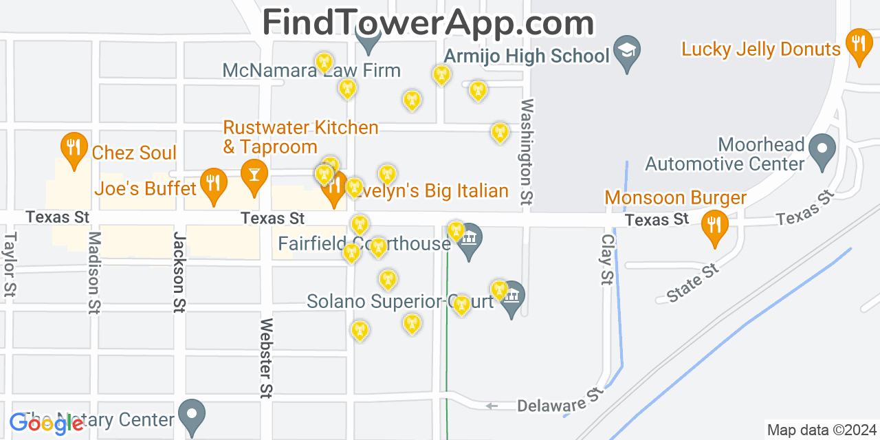 AT&T 4G/5G cell tower coverage map Fairfield, California