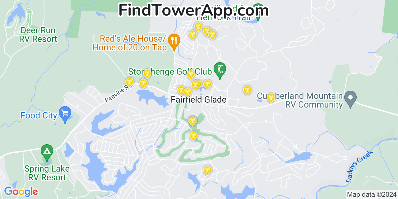 AT&T 4G/5G cell tower coverage map Fairfield Glade, Tennessee