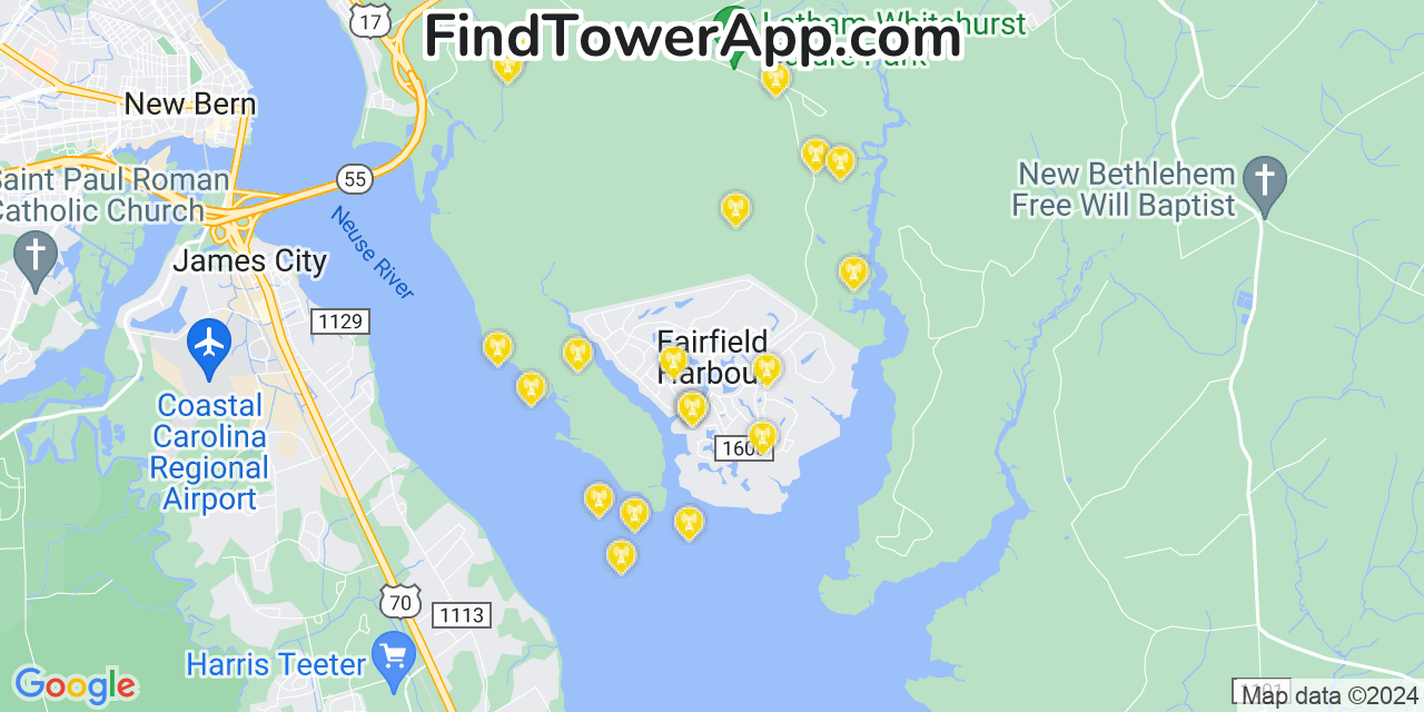 AT&T 4G/5G cell tower coverage map Fairfield Harbour, North Carolina