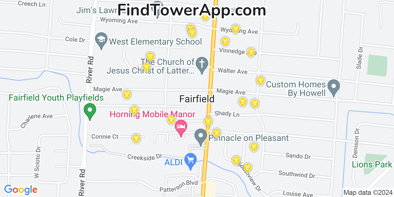 AT&T 4G/5G cell tower coverage map Fairfield, Ohio