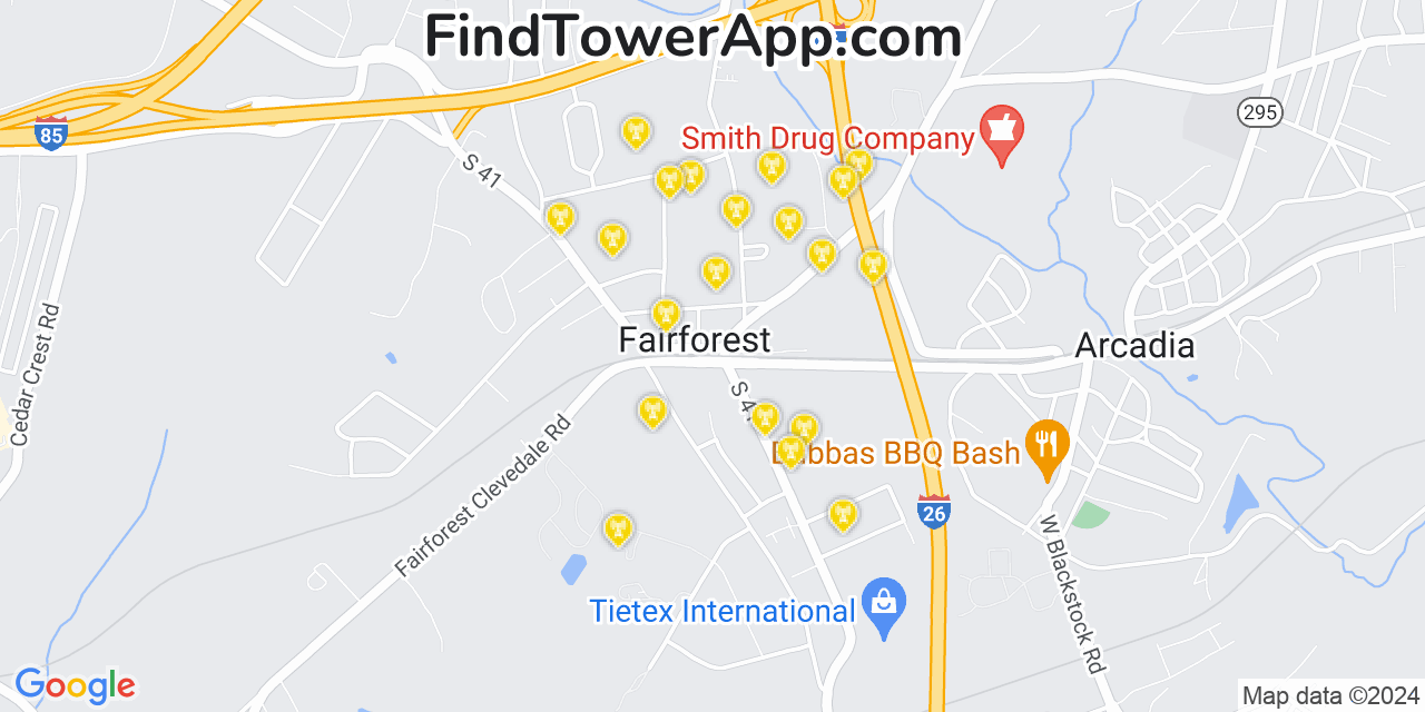 AT&T 4G/5G cell tower coverage map Fairforest, South Carolina