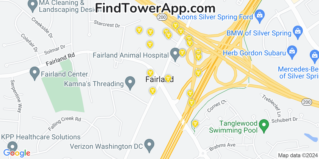 AT&T 4G/5G cell tower coverage map Fairland, Maryland