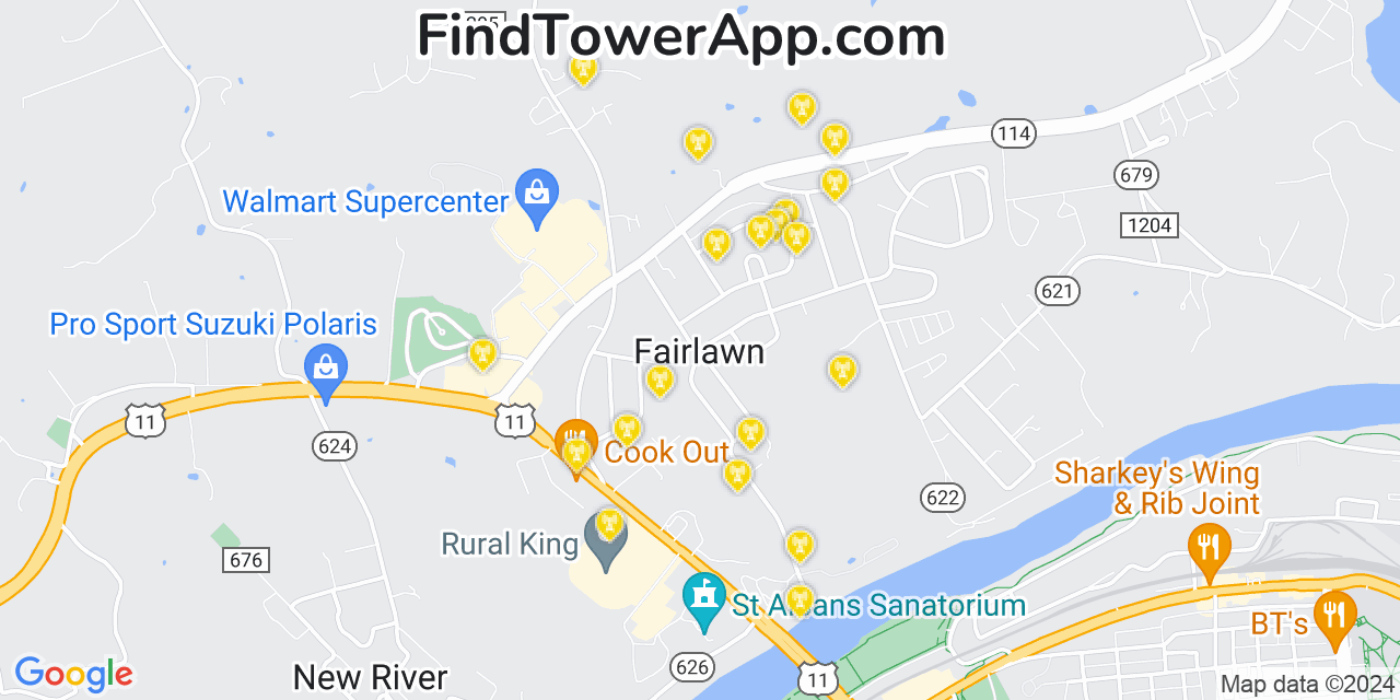 AT&T 4G/5G cell tower coverage map Fairlawn, Virginia