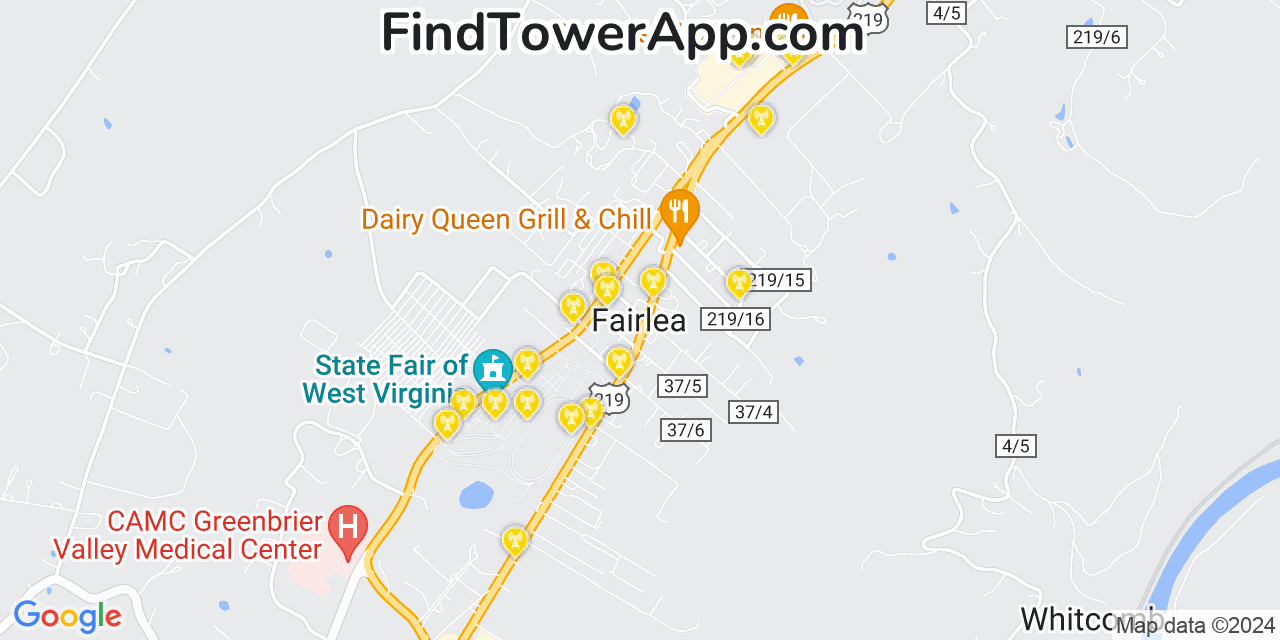 AT&T 4G/5G cell tower coverage map Fairlea, West Virginia