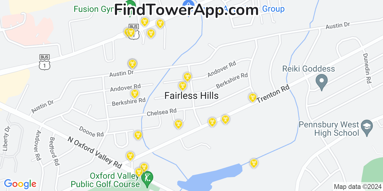 AT&T 4G/5G cell tower coverage map Fairless Hills, Pennsylvania