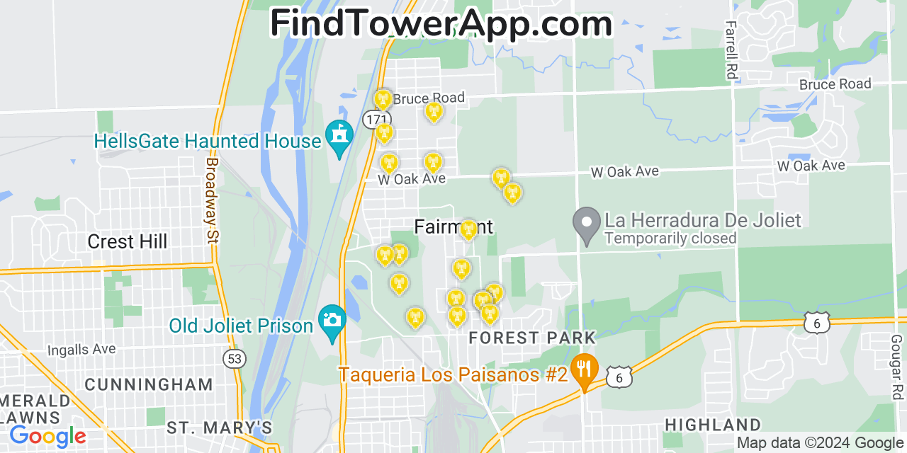 AT&T 4G/5G cell tower coverage map Fairmont, Illinois