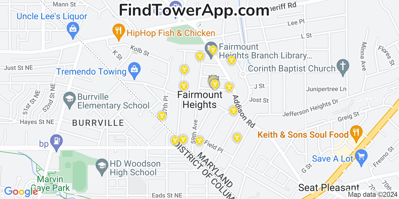 AT&T 4G/5G cell tower coverage map Fairmount Heights, Maryland