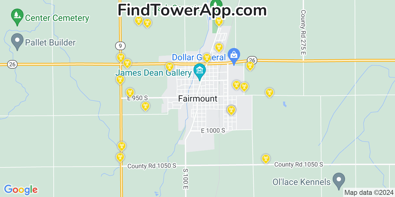 AT&T 4G/5G cell tower coverage map Fairmount, Indiana