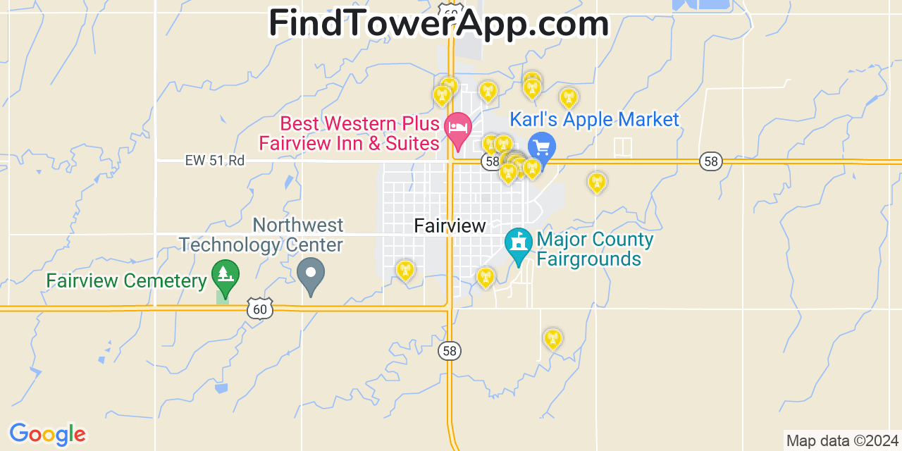 AT&T 4G/5G cell tower coverage map Fairview, Oklahoma