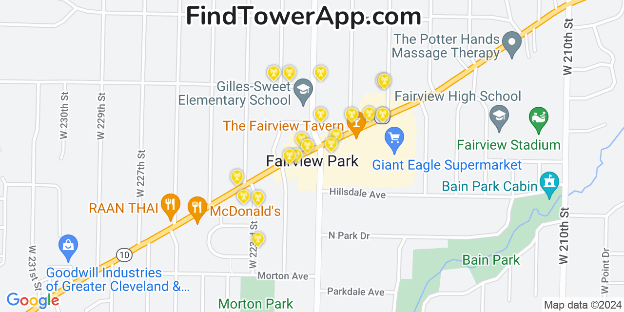 AT&T 4G/5G cell tower coverage map Fairview Park, Ohio
