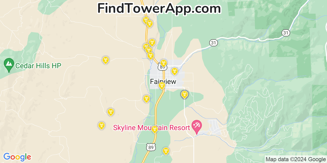AT&T 4G/5G cell tower coverage map Fairview, Utah
