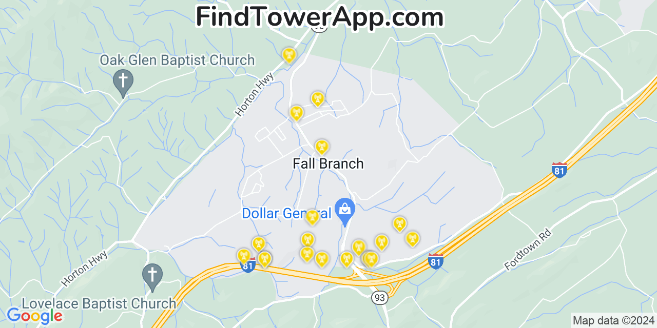 AT&T 4G/5G cell tower coverage map Fall Branch, Tennessee