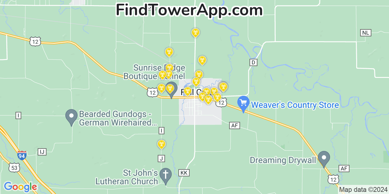 AT&T 4G/5G cell tower coverage map Fall Creek, Wisconsin