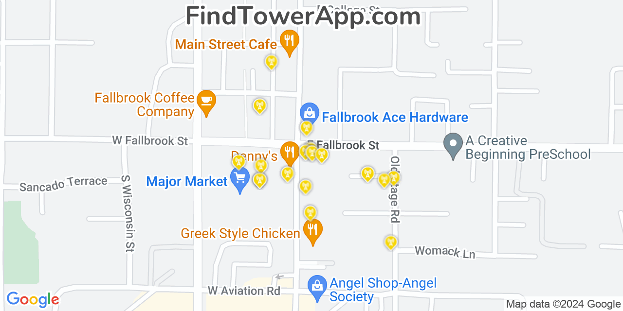 AT&T 4G/5G cell tower coverage map Fallbrook, California
