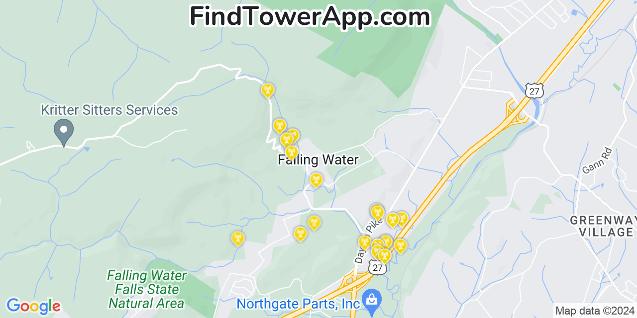AT&T 4G/5G cell tower coverage map Falling Water, Tennessee