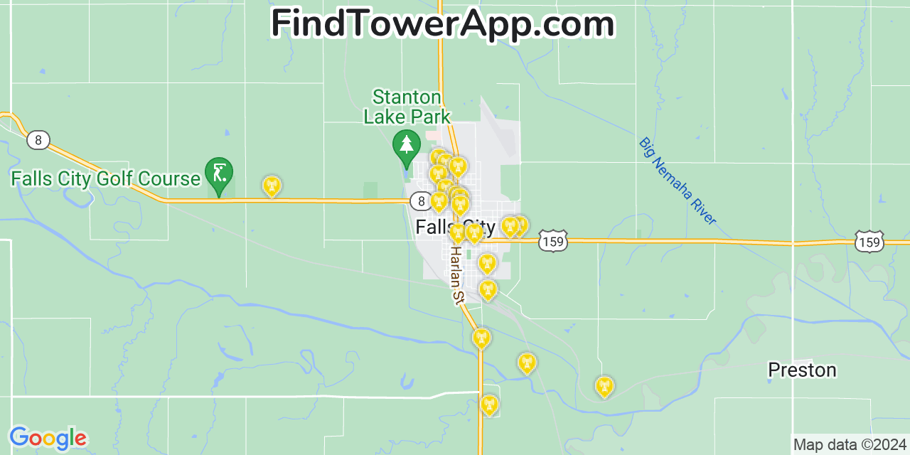 AT&T 4G/5G cell tower coverage map Falls City, Nebraska