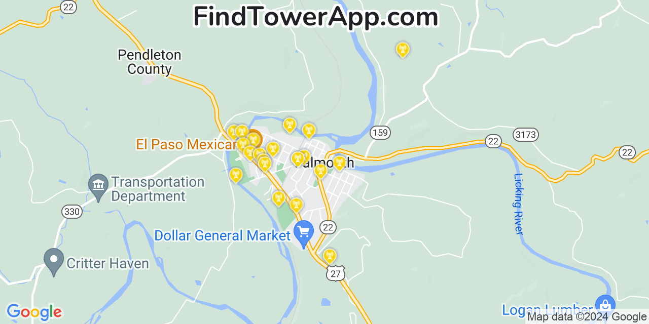 AT&T 4G/5G cell tower coverage map Falmouth, Kentucky