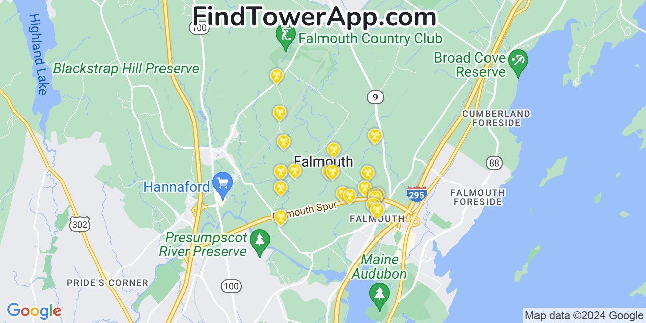 AT&T 4G/5G cell tower coverage map Falmouth, Maine