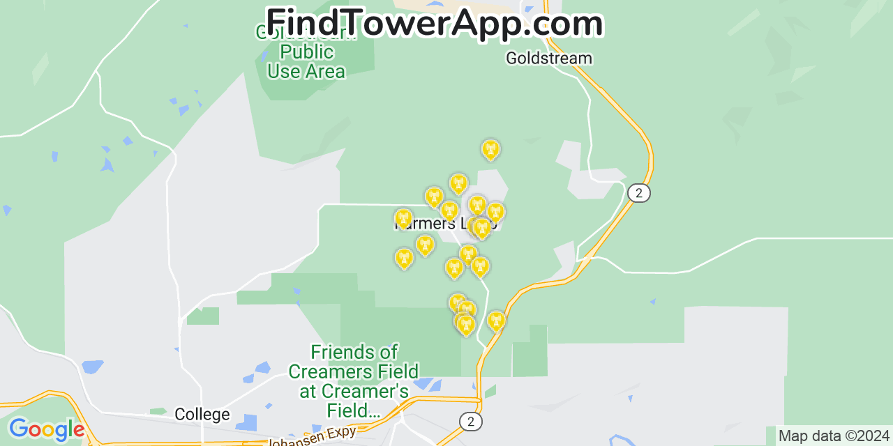 AT&T 4G/5G cell tower coverage map Farmers Loop, Alaska