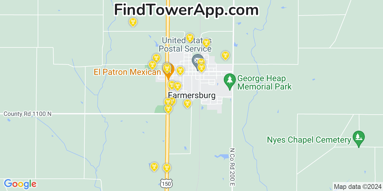 AT&T 4G/5G cell tower coverage map Farmersburg, Indiana