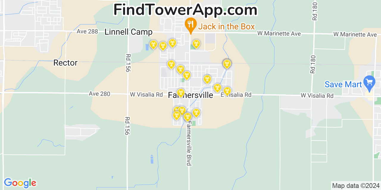 AT&T 4G/5G cell tower coverage map Farmersville, California