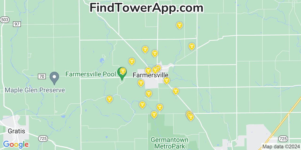 Verizon 4G/5G cell tower coverage map Farmersville, Ohio