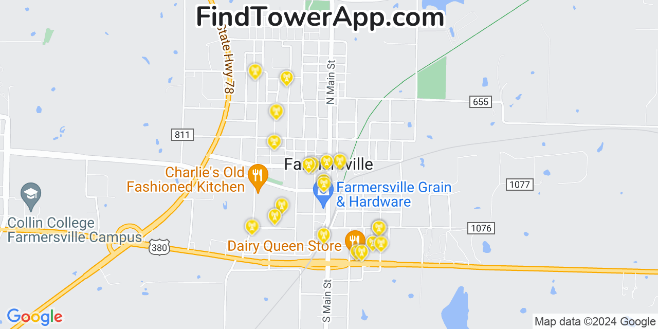 AT&T 4G/5G cell tower coverage map Farmersville, Texas
