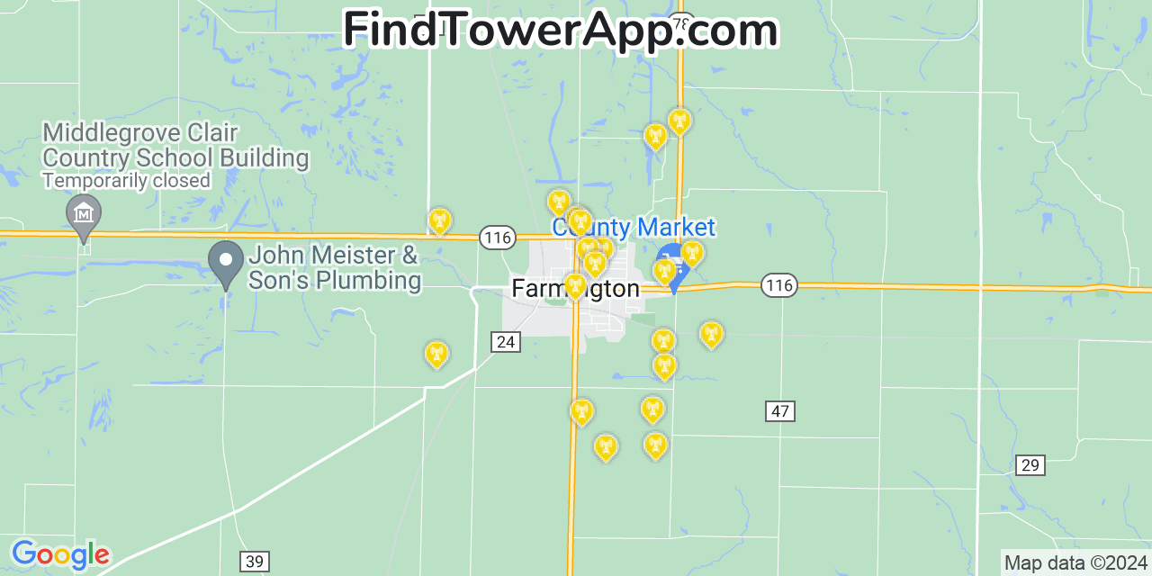 AT&T 4G/5G cell tower coverage map Farmington, Illinois