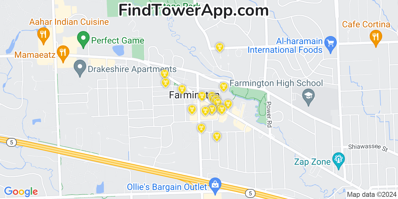AT&T 4G/5G cell tower coverage map Farmington, Michigan