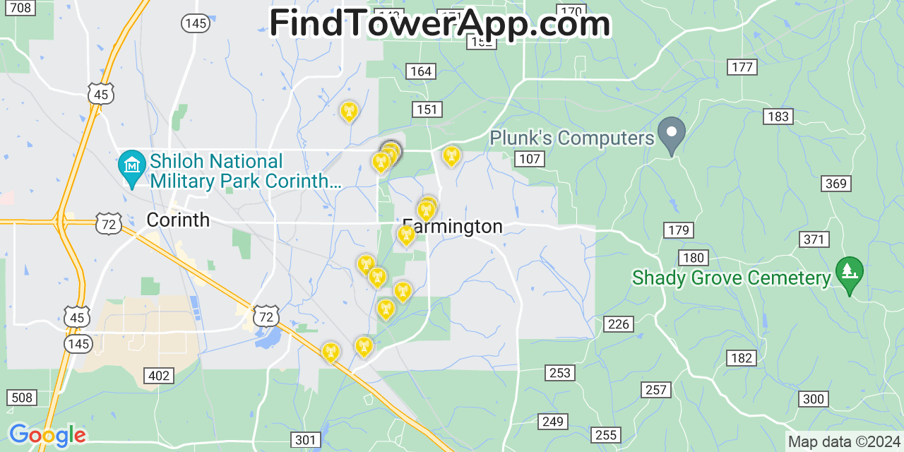 AT&T 4G/5G cell tower coverage map Farmington, Mississippi