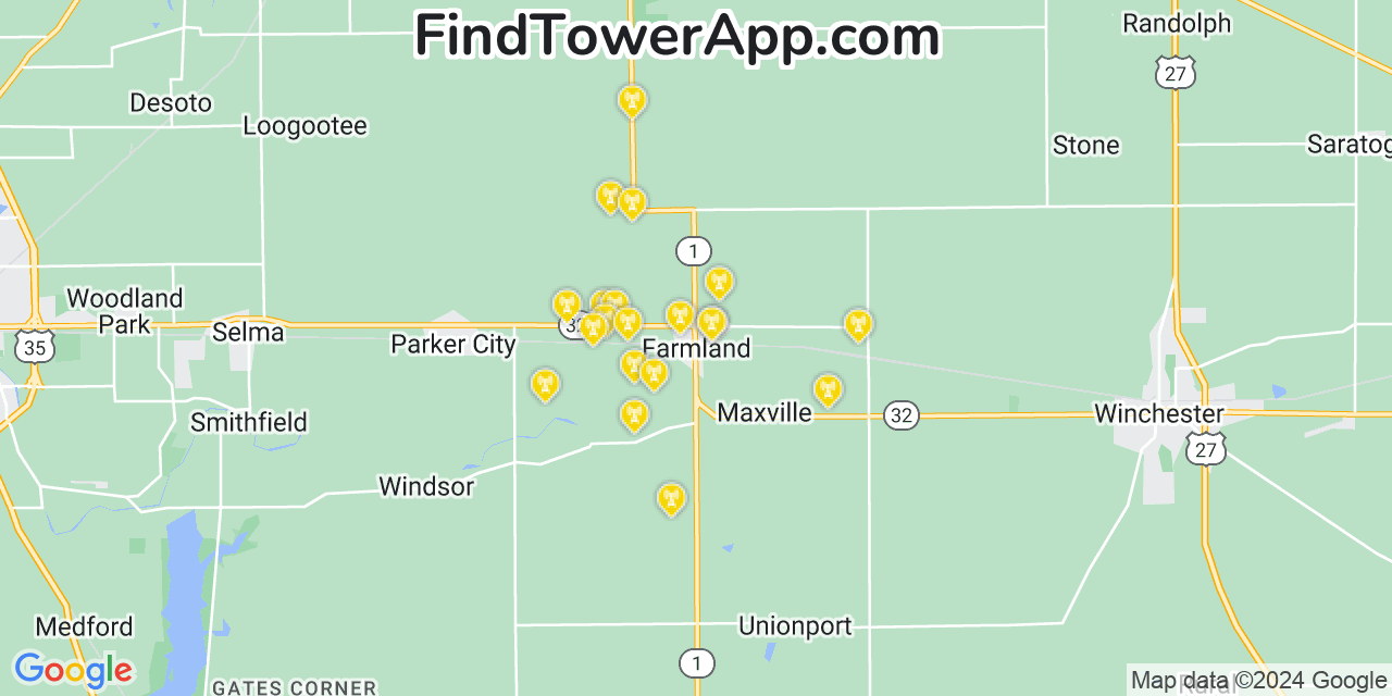 AT&T 4G/5G cell tower coverage map Farmland, Indiana