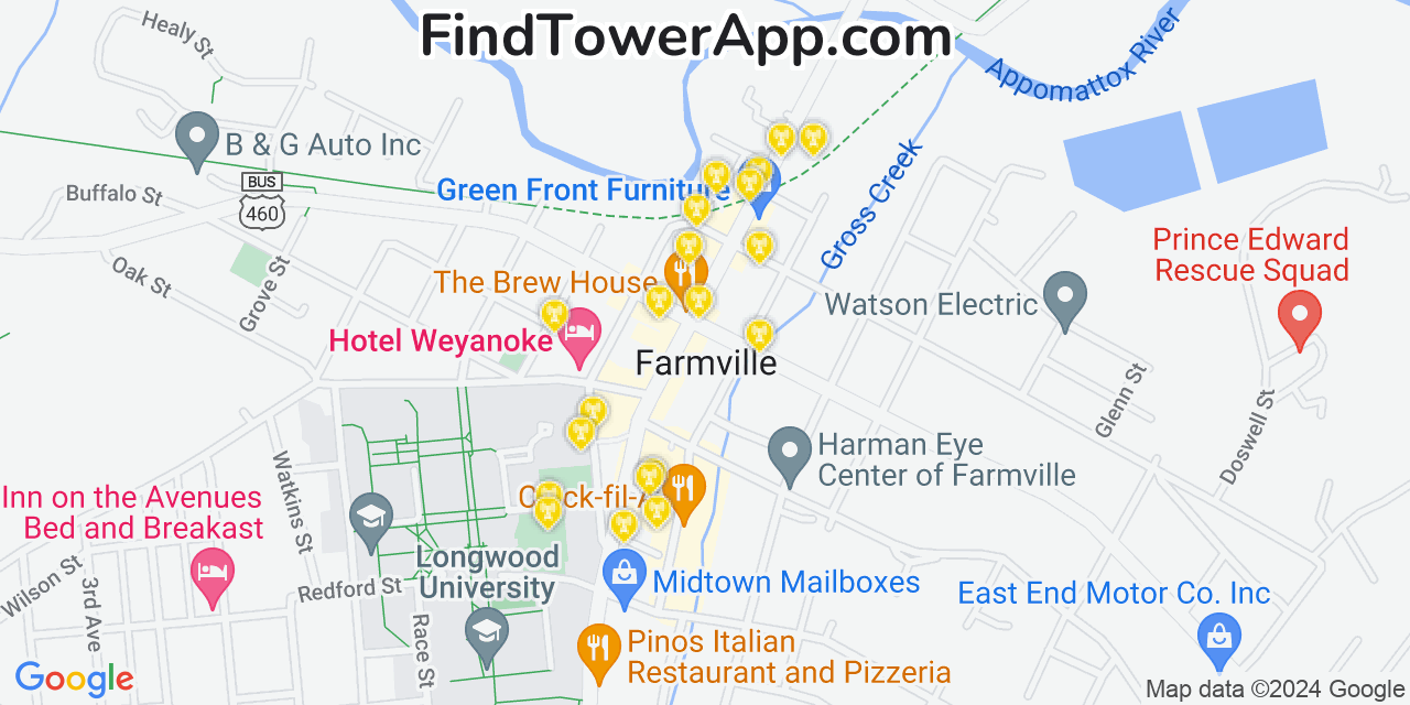 Verizon 4G/5G cell tower coverage map Farmville, Virginia