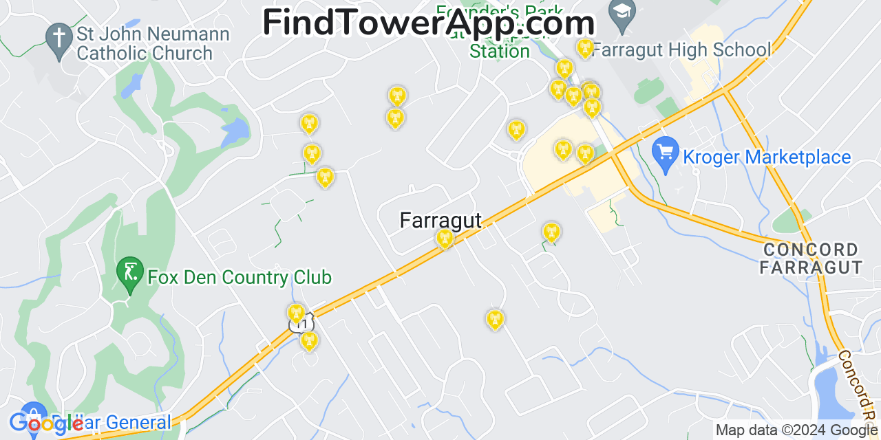 AT&T 4G/5G cell tower coverage map Farragut, Tennessee