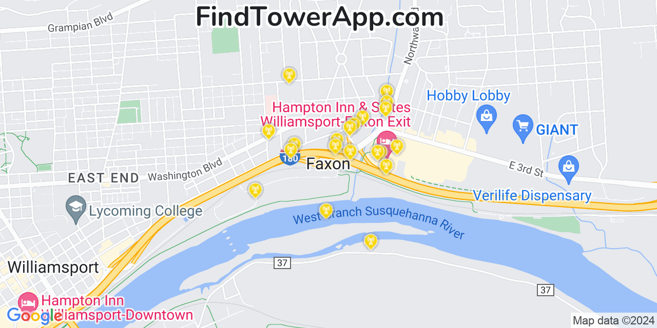 Verizon 4G/5G cell tower coverage map Faxon, Pennsylvania