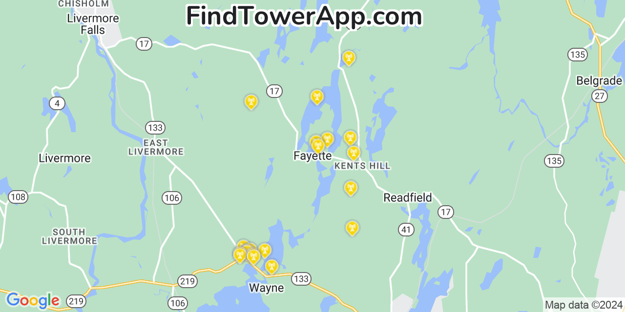 AT&T 4G/5G cell tower coverage map Fayette, Maine