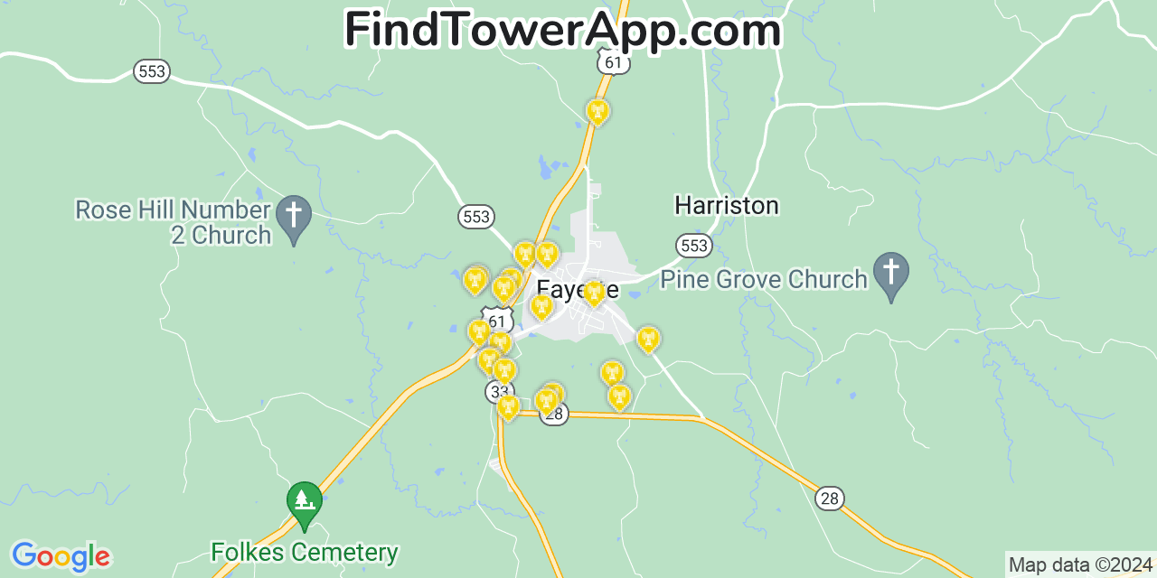 AT&T 4G/5G cell tower coverage map Fayette, Mississippi