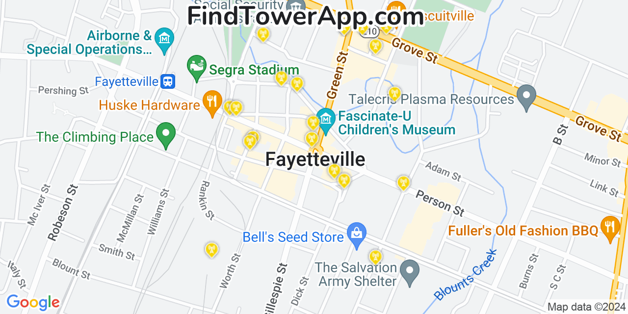 AT&T 4G/5G cell tower coverage map Fayetteville, North Carolina