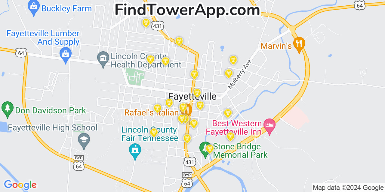 AT&T 4G/5G cell tower coverage map Fayetteville, Tennessee