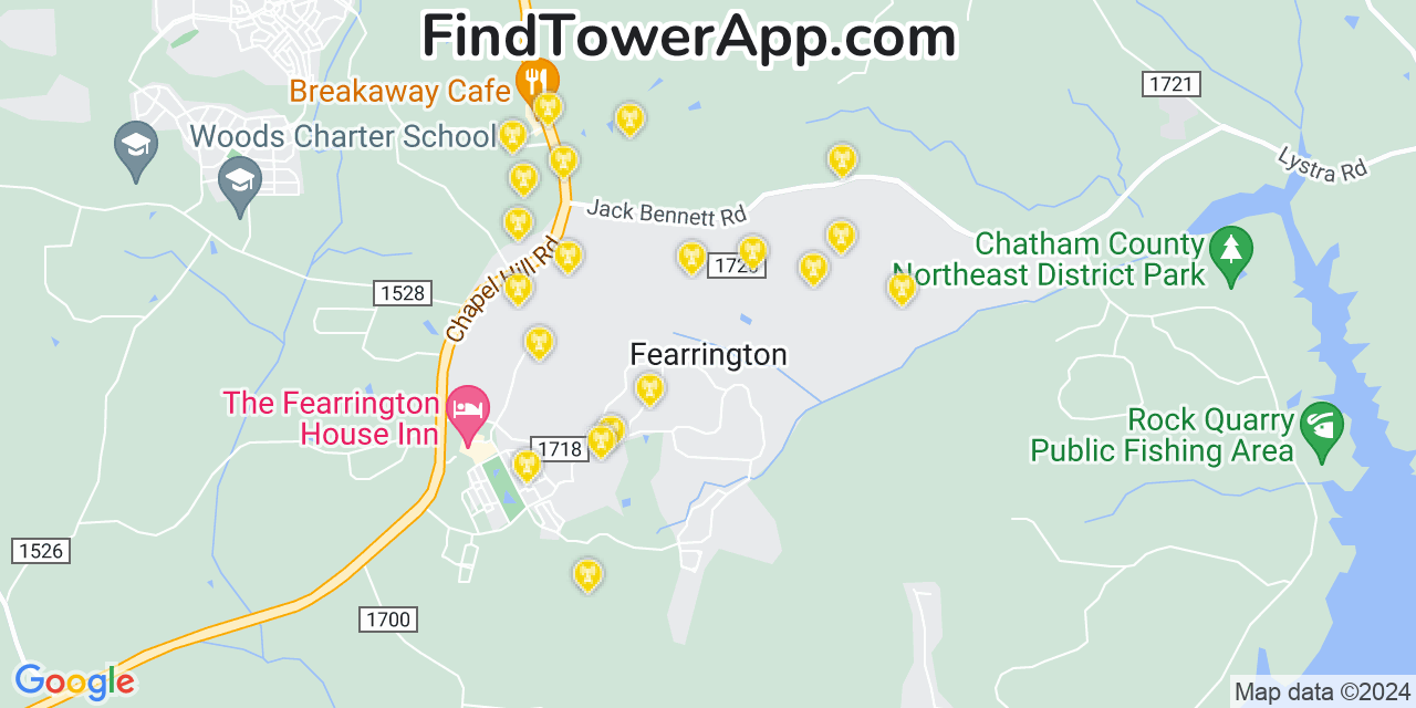 AT&T 4G/5G cell tower coverage map Fearrington Village, North Carolina