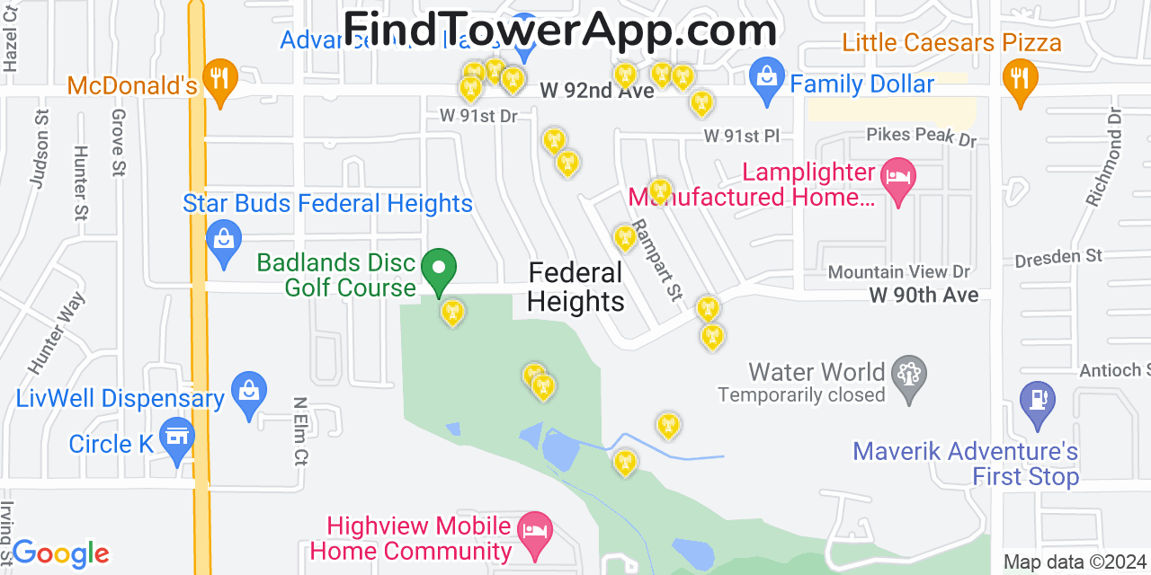 AT&T 4G/5G cell tower coverage map Federal Heights, Colorado