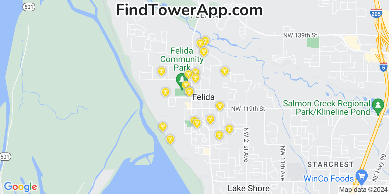 AT&T 4G/5G cell tower coverage map Felida, Washington