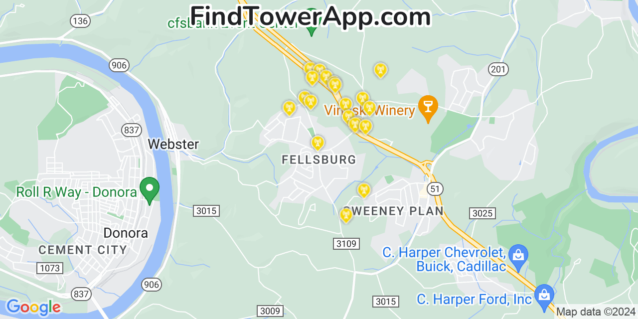 AT&T 4G/5G cell tower coverage map Fellsburg, Pennsylvania