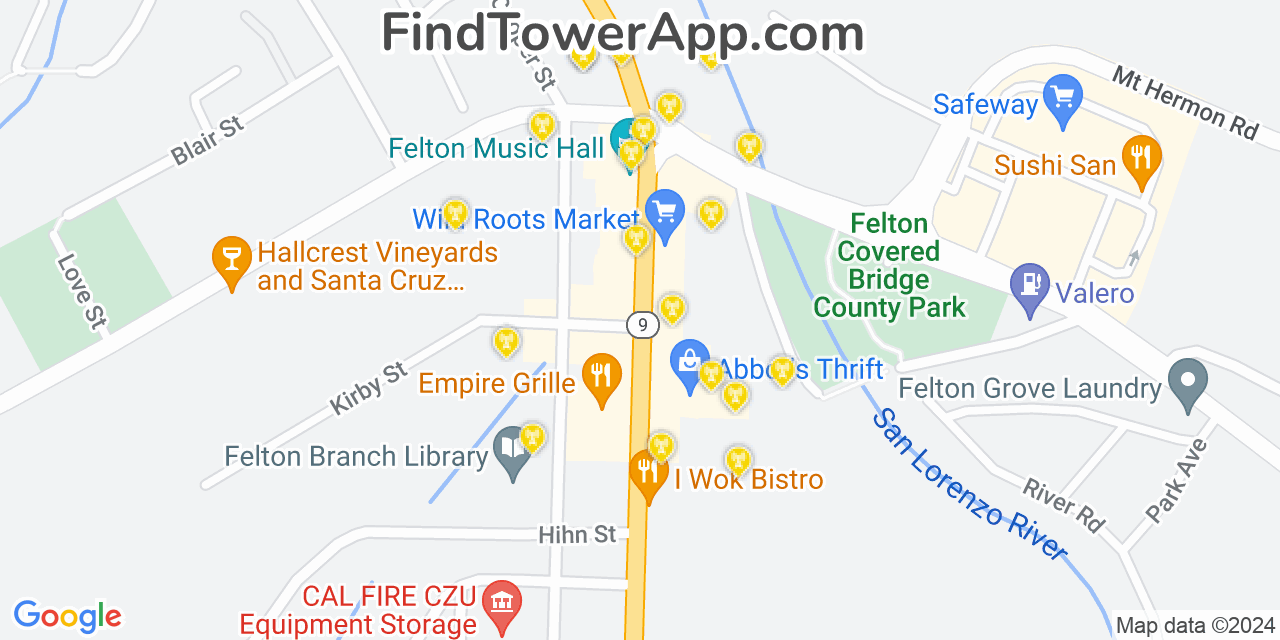 Verizon 4G/5G cell tower coverage map Felton, California